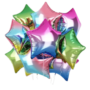 (A06) Beispiel-Arrangement 45cm Folienballon-Sterne Regenbogen mit Heliumbefüllung 12 Stück (30,-€)