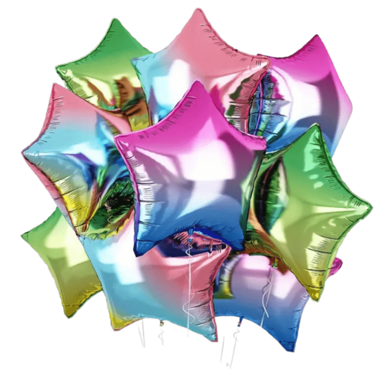 (A06) Beispiel-Arrangement 45cm Folienballon-Sterne Regenbogen mit Heliumbefüllung 12 Stück (30,-€)