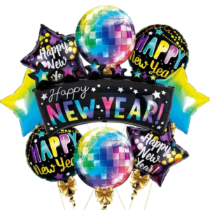 (A12) Beispiel-Arrangement 45-100cm Folienballons Silvester Frohes Neues Jahr Heliumbefüllung 7 Stück (45,-€)